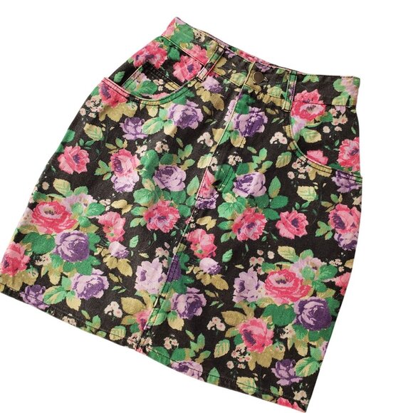 Vintage 80s 90s Floral Denim Skirt XS Breaker Jeans Pinch Waist Retro Mini - Picture 8 of 8